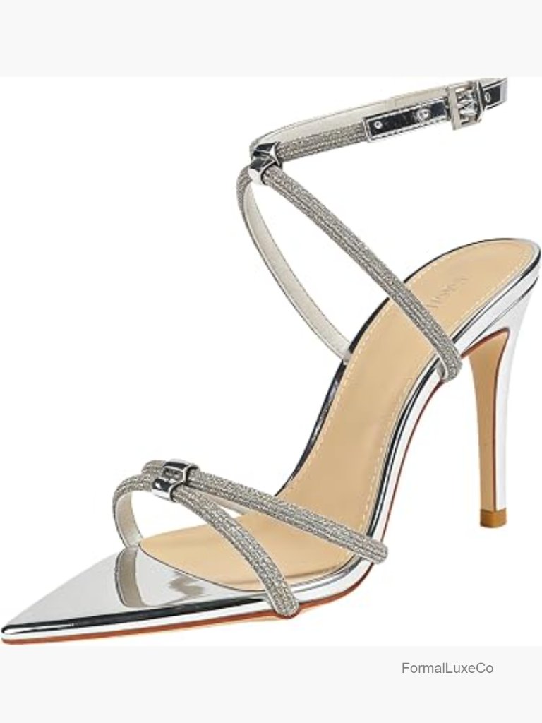 Pointed Toe Stiletto Heeled Sandals, Rhinestone Glitter Thin Straps, Ankle